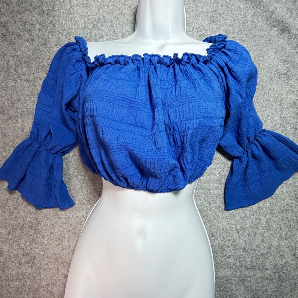 Blue Off The Shoulder Crop Top Bell Sleeve Textured Size 11-12Y Coquete Summer